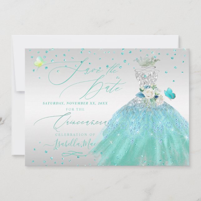 Quinceanera Save the Date Turquoise Silver Invitation (Front)