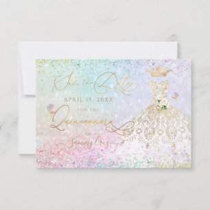 Quinceanera Save the Date White Gold Dress Invitation