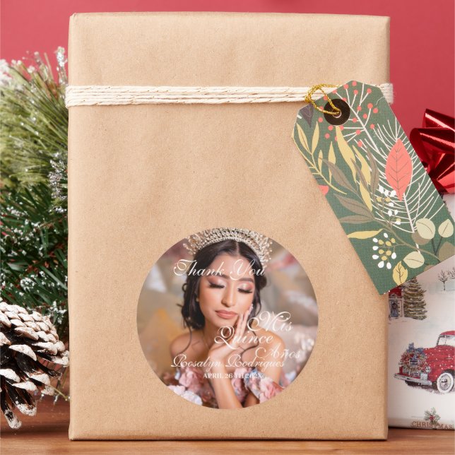 Quinceanera script photo 15th Birthday Classic Round Sticker (Holiday)