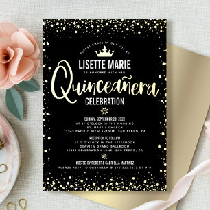 Quinceañera Script Princess Crown Black Real Gold 