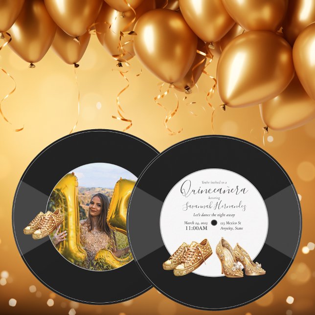 Quinceañera Shoes Vinyl Record Photo Golden Invitation (Creator Uploaded)