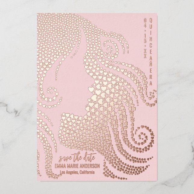 Quinceañera Silhouette Rose Gold Hearts Save Date Foil Holiday Card (Front)