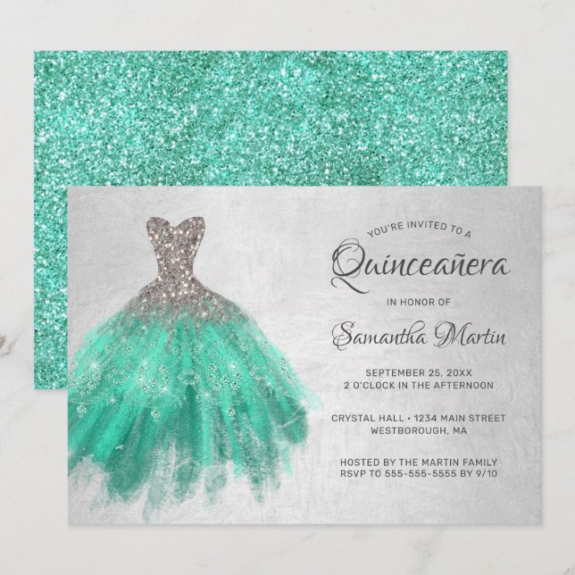 Quinceanera Silver Aqua Dress on Silver Teal Party Invitation (Front/Back)
