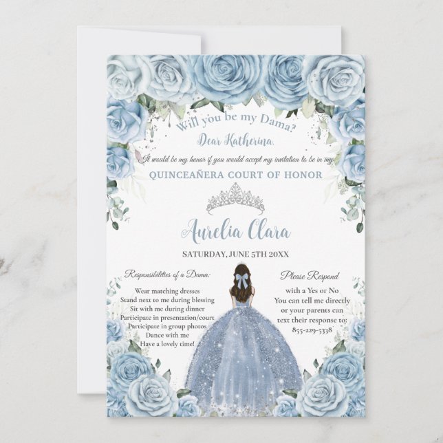 Quinceañera Silver Baby Blue Floral Dama Request  Invitation (Front)