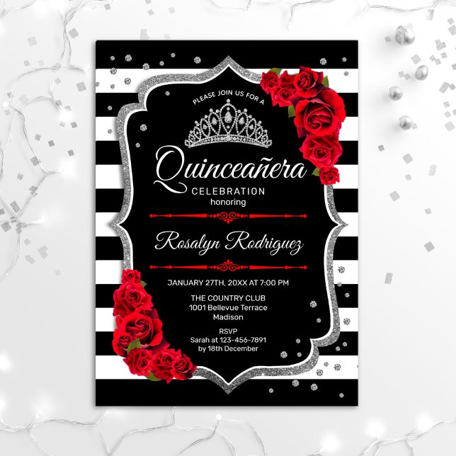 Quinceanera - Silver Black Red Invitation (Creator Uploaded)