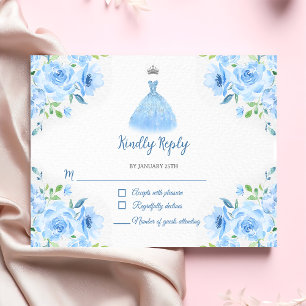 Quinceanera Silver Blue Floral Gown  RSVP Card