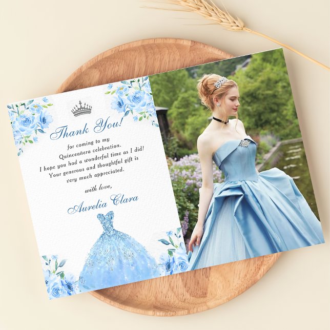 Quinceanera Silver Blue Floral Gown Thank You Card (Creator Uploaded)