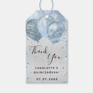 Quinceanera silver blue glitter balloons thank you gift tags