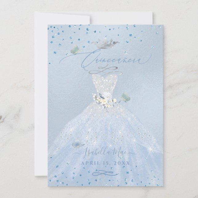 Quinceanera Silver Blue Glitter Gown Invitation (Front)