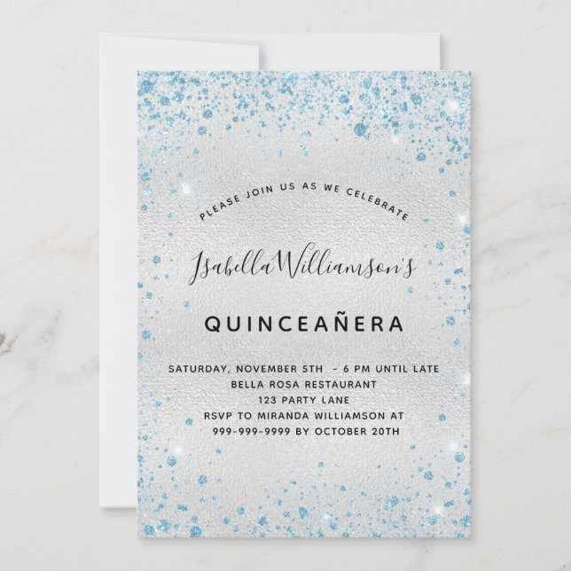 Quinceanera silver blue glitter invitation (Front)