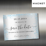 Quinceanera silver blue save the date magnet card<br><div class="desc">A girly and trendy Save the Date magnetic card for a Quinceañera,  15th birthday party. A faux silver looking background decorated with blue faux glitter dust. Personalise and add a date and name/age. The text: Save the Date is written with a large trendy hand lettered style script.</div>