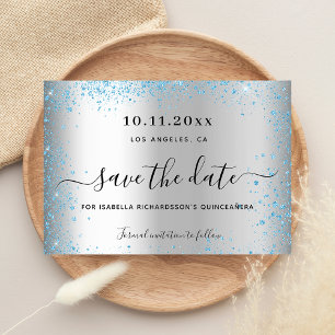 Quinceanera silver blue sparkles save the date announcement postcard