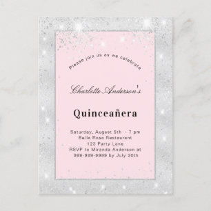 Quinceanera silver blush pink glitter dust invitation postcard