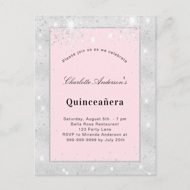 Quinceanera silver blush pink glitter dust invitation postcard (Front)