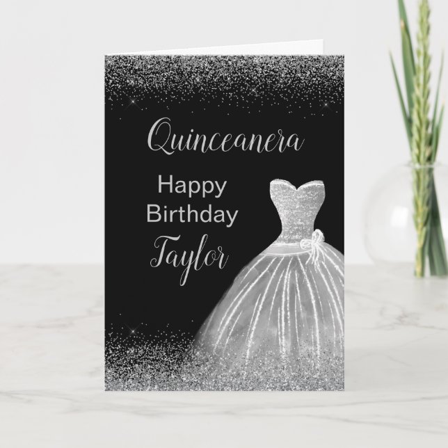 Quinceanera Silver Dress Faux Glitter Card (Front)