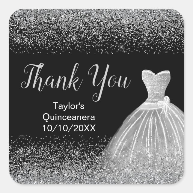 Quinceanera Silver Dress Faux Glitter Square Sticker (Front)