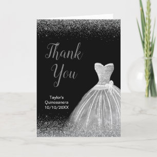 Quinceanera Silver Dress Faux Glitter Thank You Card