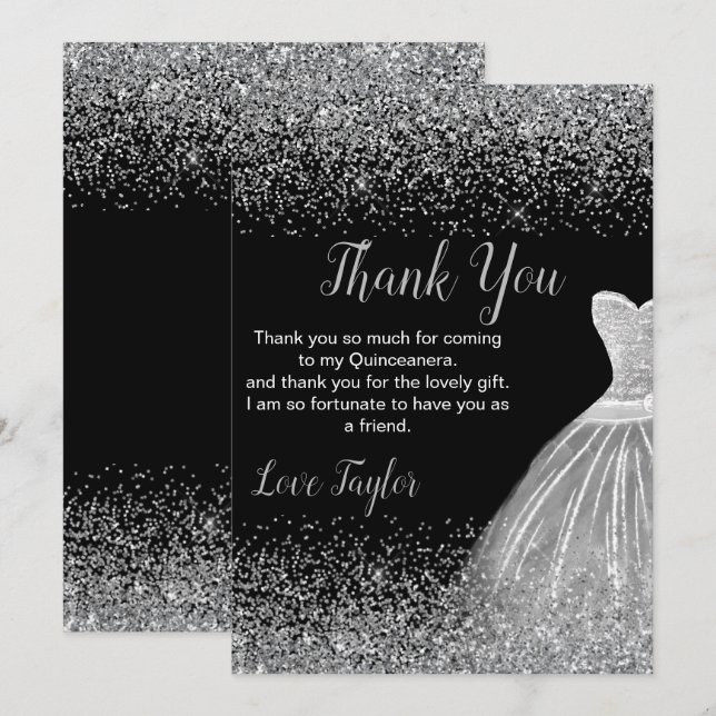 Quinceanera Silver Dress Faux Glitter Thank You Card (Front/Back)