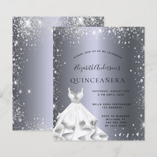 Quinceanera silver dress glitter invitation (Front/Back)