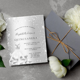 Quinceanera silver dress glitter invitation