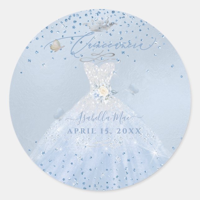 Quinceanera Silver Dusty Blue Glitter Gown Classic Round Sticker (Front)