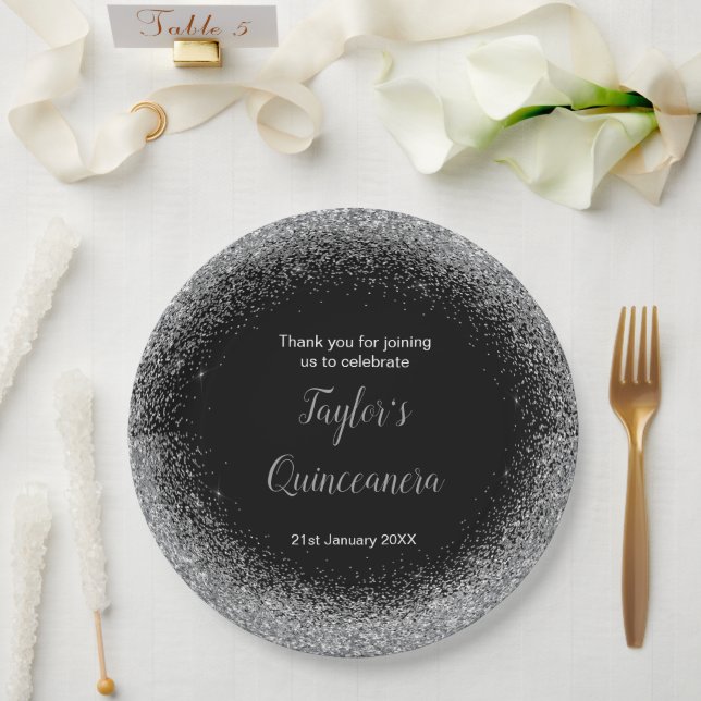 Quinceanera Silver Faux Glitter Paper Plate (Wedding)