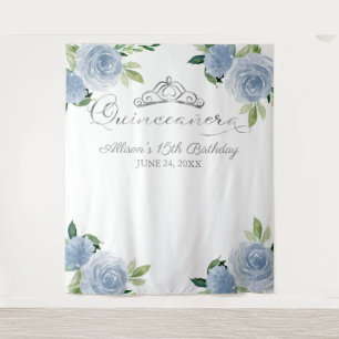 Quinceanera Silver Foil Tiara Blue Floral Backdrop Tapestry