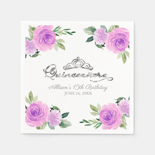 Quinceanera Silver Foil Tiara Colourful Floral Napkin (Front)