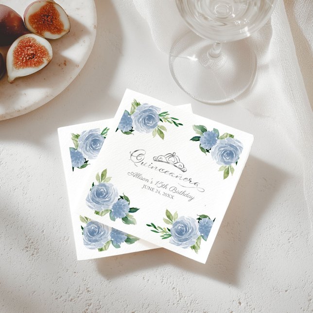 Quinceanera Silver Foil Tiara Light Blue Floral Napkin (Creator Uploaded)