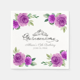 Quinceanera Silver Foil Tiara Purple Floral Napkin