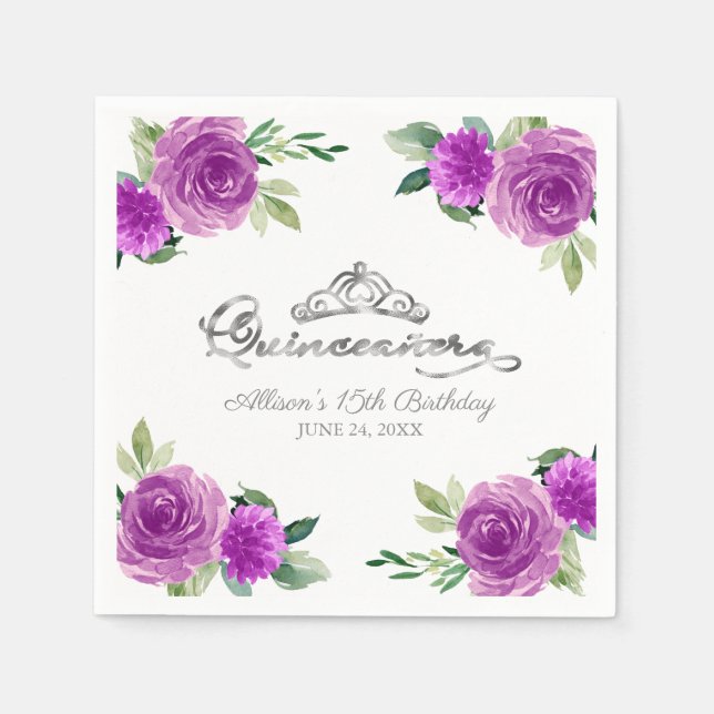 Quinceanera Silver Foil Tiara Purple Floral Napkin (Front)