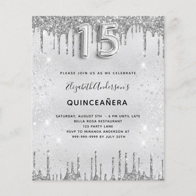 Quinceanera silver glitter budget invitation (Front)