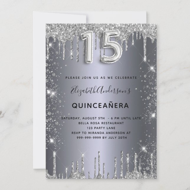 Quinceanera silver glitter drips invitation (Front)