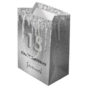 Quinceanera silver glitter drips monogram  medium gift bag