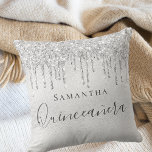 Quinceanera silver glitter drips monogram name cushion<br><div class="desc">A pillow for a Quinceañera,  15th years old girls room. A faux silver metallic looking background with faux glitter drips,  paint dripping look. The text: Quinceañera is written in dark grey with a large modern hand lettered style script. Personalise and add a name.</div>