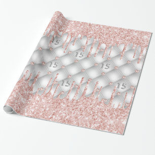 Quinceanera silver glitter drips rose gold pink wrapping paper