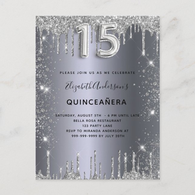Quinceanera silver glitter dust invitation postcard (Front)