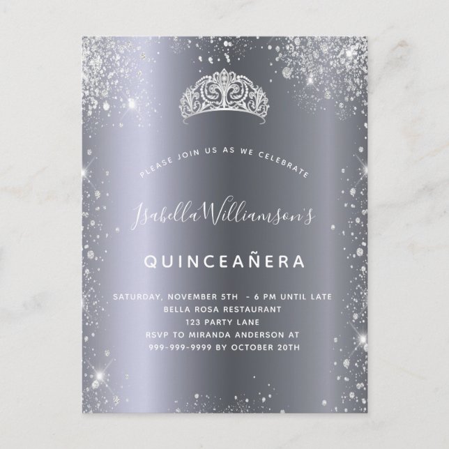Quinceanera silver glitter dust tiara crown invitation postcard (Front)