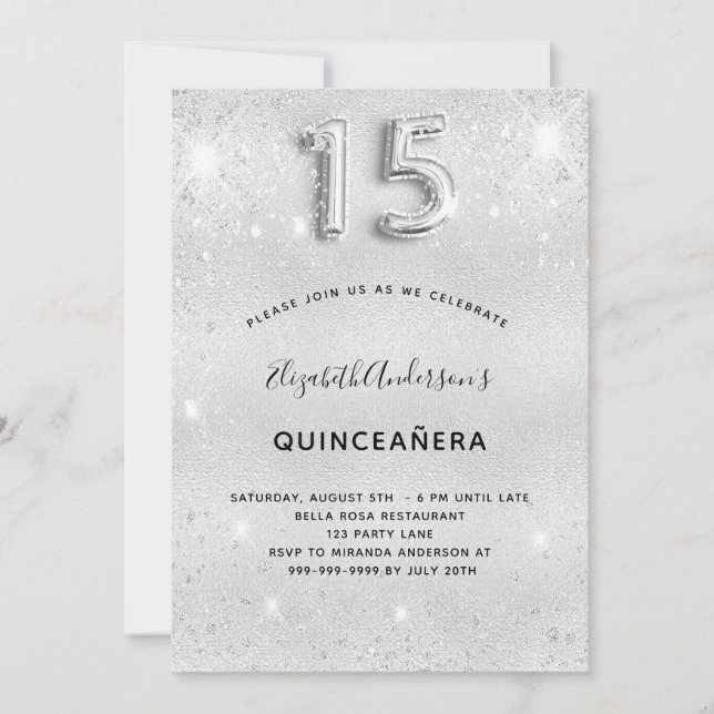 Quinceanera silver glitter elegant invitation (Front)