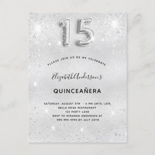 Quinceanera silver glitter glamourous invitation postcard