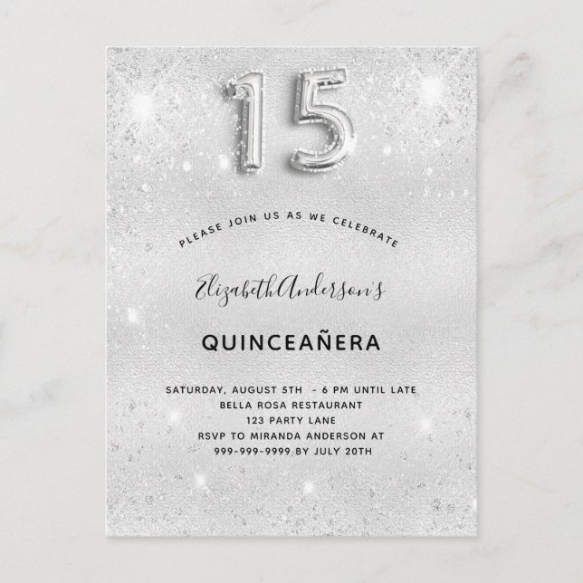 Quinceanera silver glitter glamourous invitation postcard (Front)