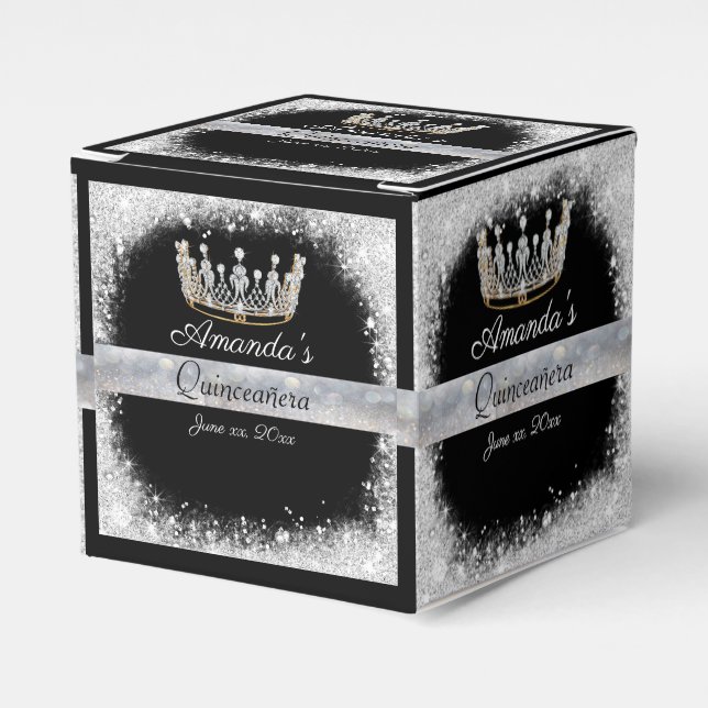 Quinceanera Silver Glitter Gold Crown Favour Box (Front Side)