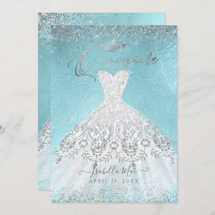 Quinceanera Silver Glitter Gown, DIY Blue Invitation