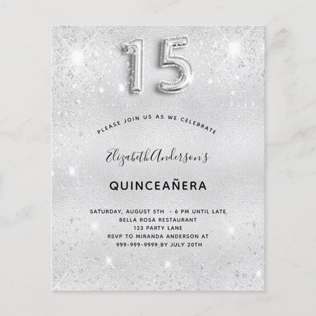 Quinceanera silver glitter invitation (Front)