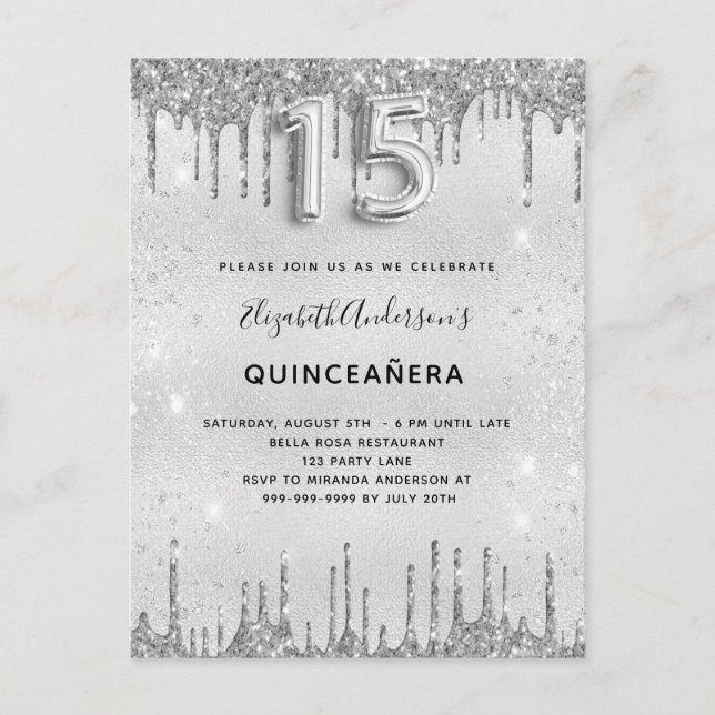 Quinceanera silver glitter invitation postcard (Front)