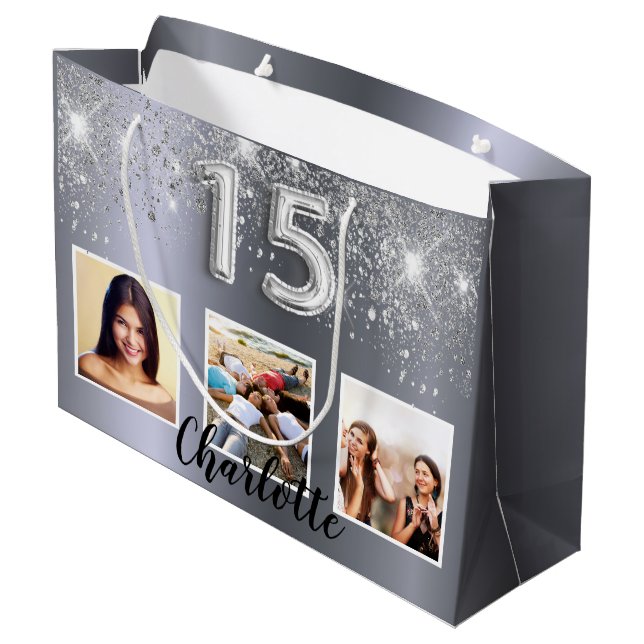 Quinceanera silver glitter photo name large gift bag (Back Angled)