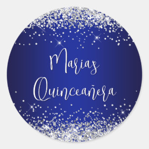 Quinceañera Silver Glitter Royal Blue Navy Ombre Classic Round Sticker