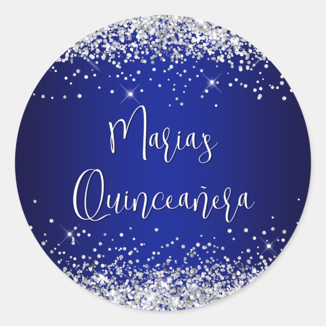 Quinceañera Silver Glitter Royal Blue Navy Ombre Classic Round Sticker (Front)