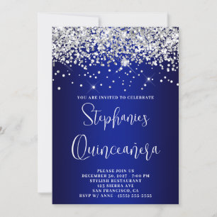 Quinceañera Silver Glitter Royal Blue Navy Ombre Invitation