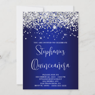 Quinceañera Silver Glitter Royal Blue Navy Ombre Invitation